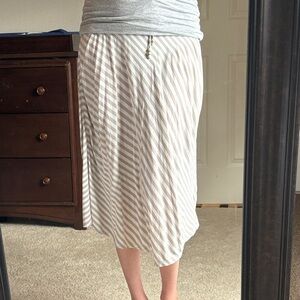 Fossil Beige and White Striped Midi Skirt